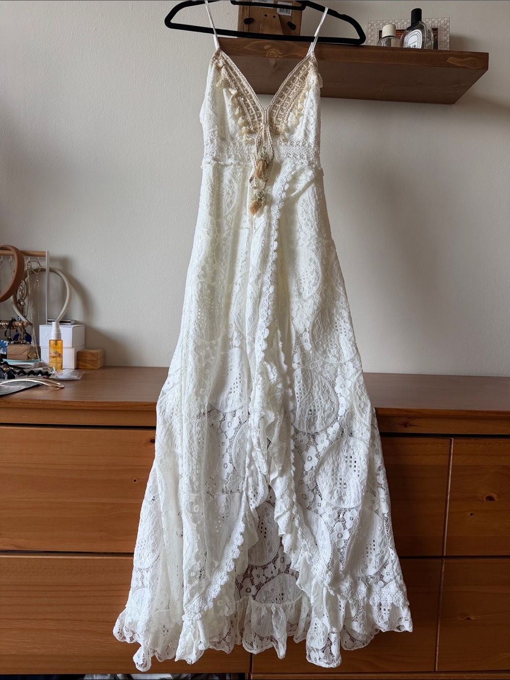 Bohemian Cream Lace Maxi Romper with Tassel Detail